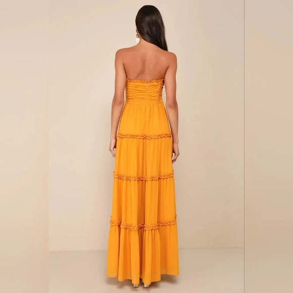 Lulu's Extraordinary Aura Marigold Yellow Ruched Tiered Maxi Dress M Wedding - Picture 5 of 8